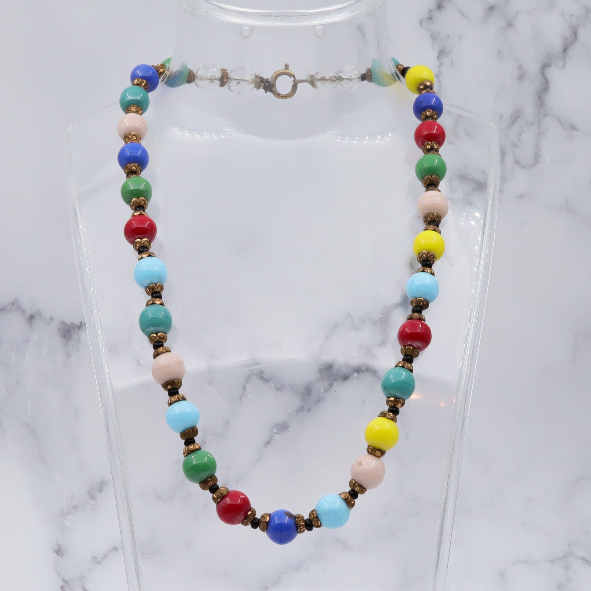 Antique rainbow glass beaded necklace with brass spacers, 16.5"